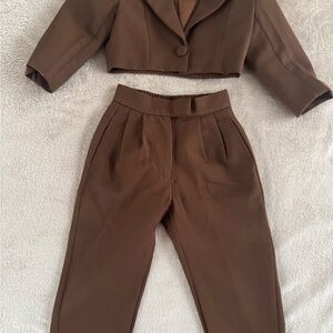 Kids Brown Cropped Blazer Pantsuit Set Size 2T